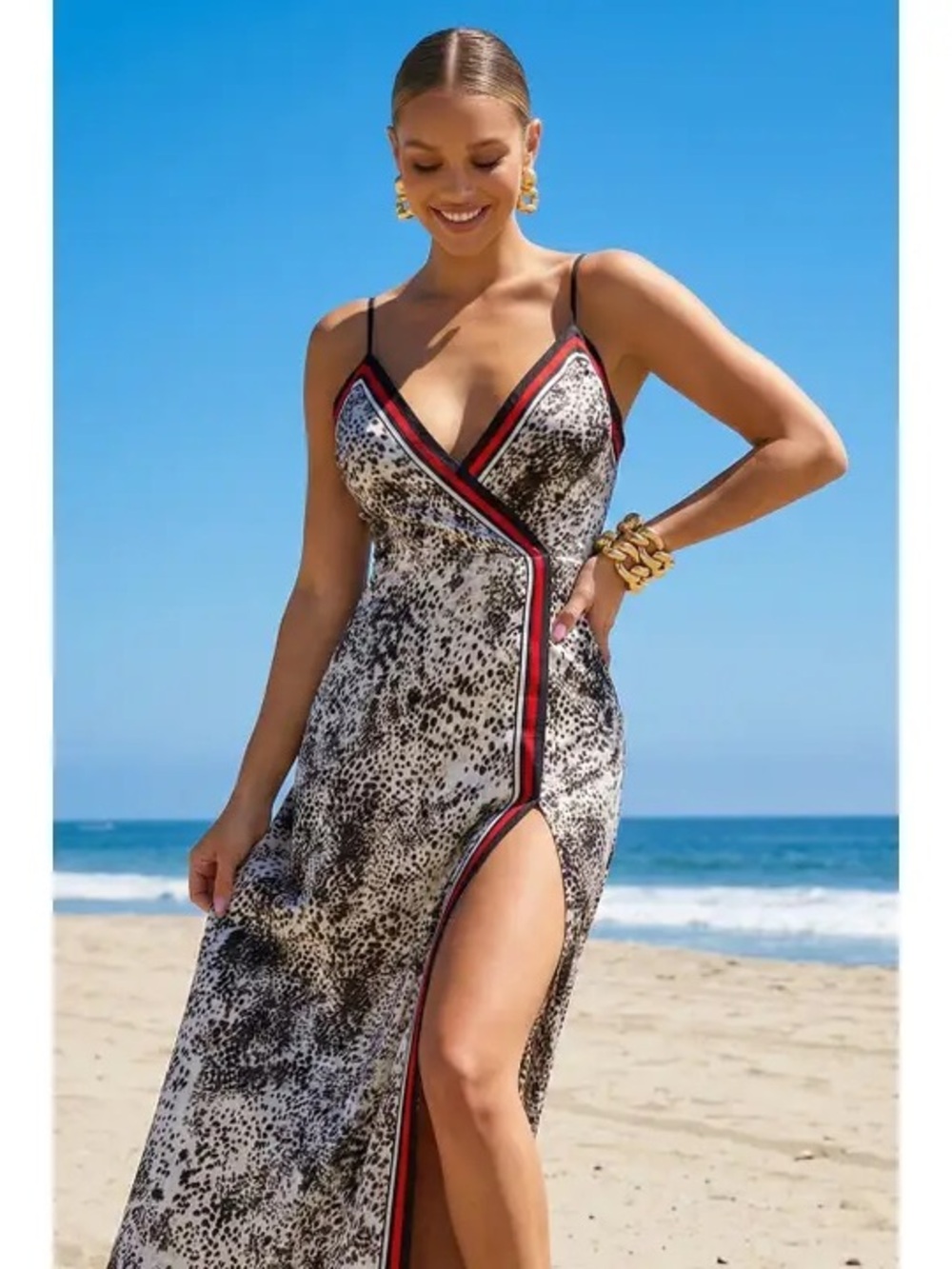 Symphony Animal-Print Maxi Dress with Red and Navy Sport Trim